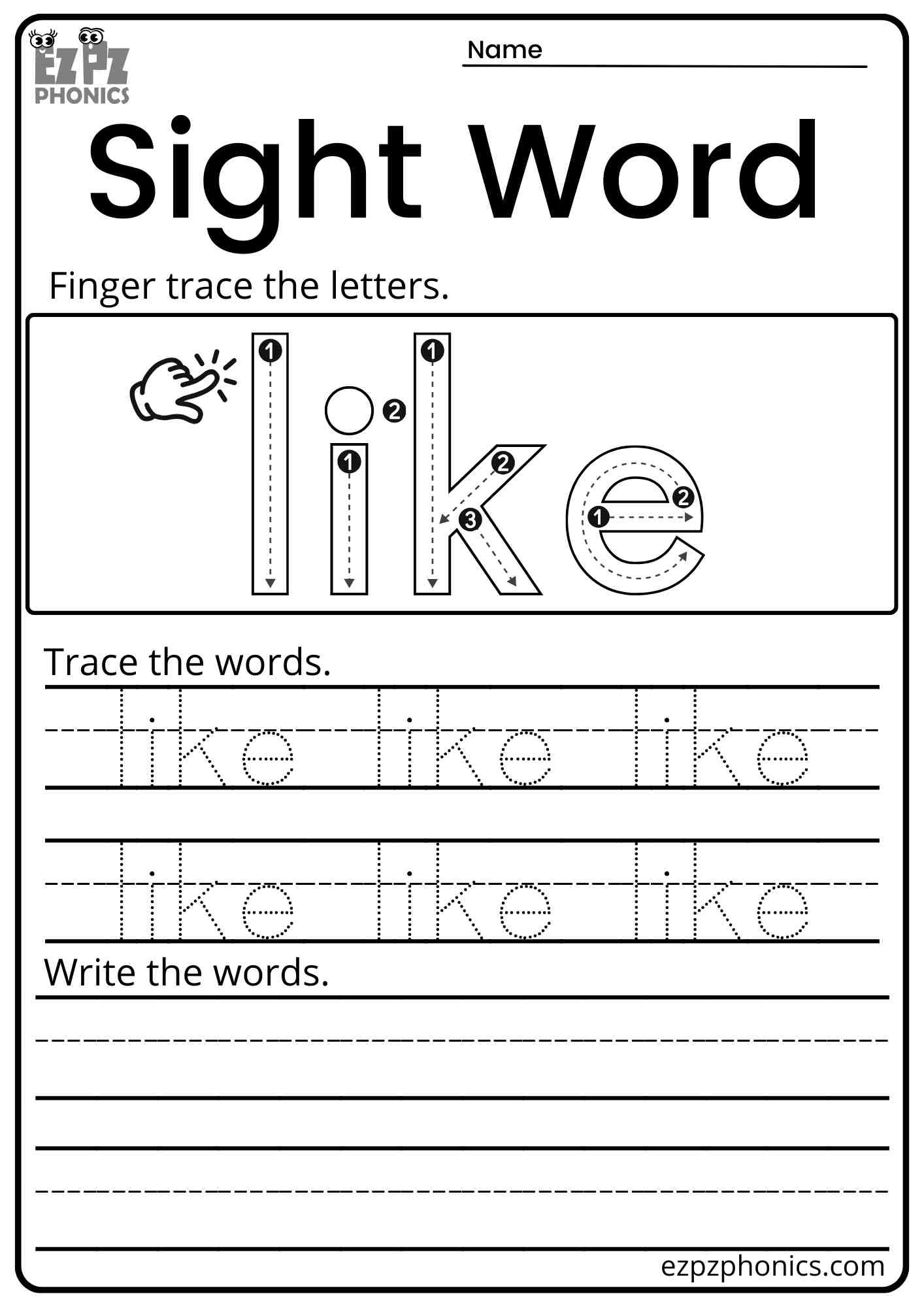 "Like" Dolch Kindergarten Trace and Write the Word Sight Word Worksheet PDF Download